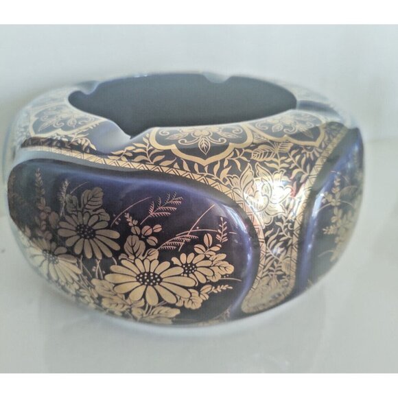 Large Vintage Andrea by Sadek Ceramic Gold & Blue Floral Ashtray 7" - Picture 6 of 16